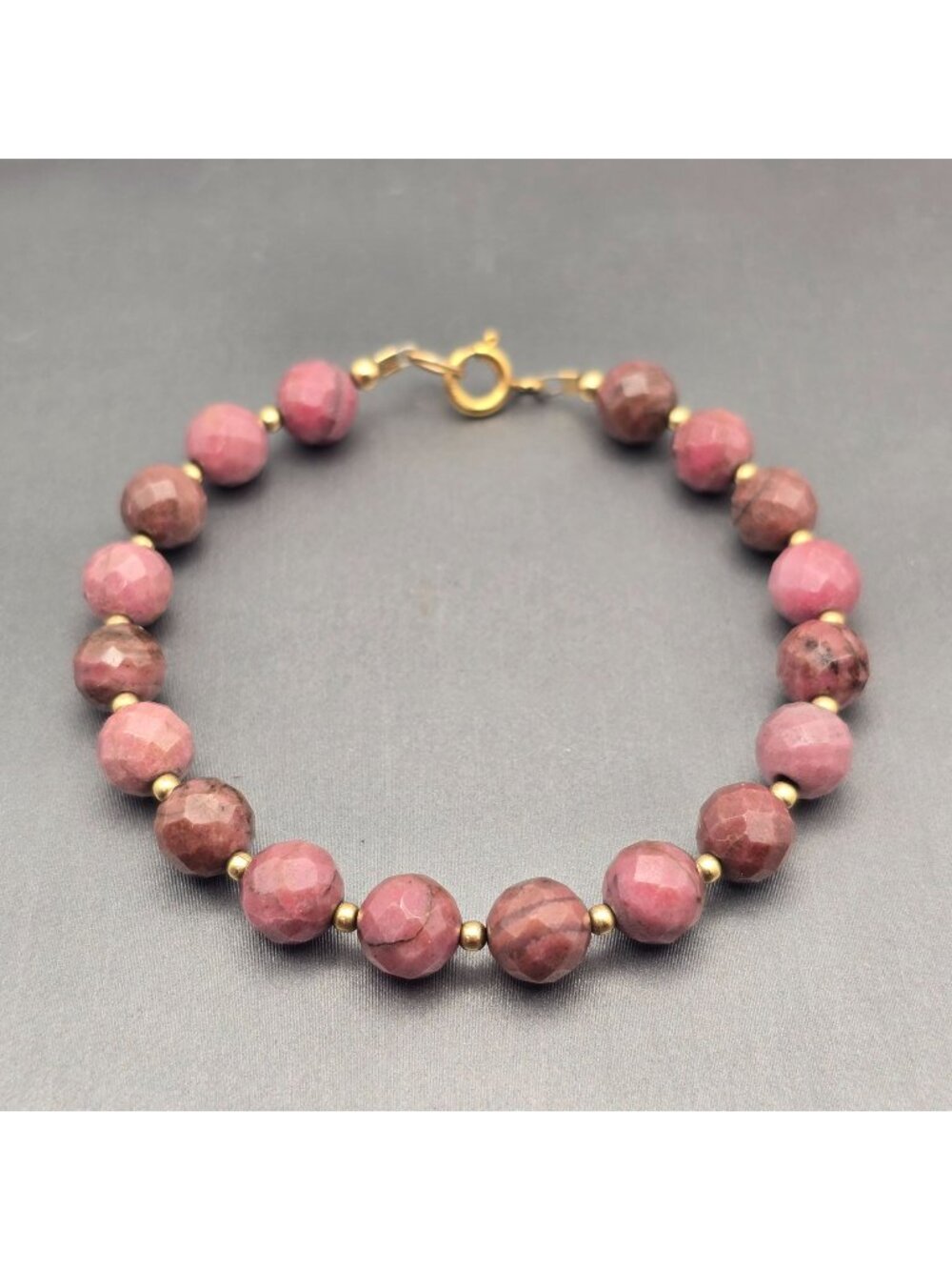 Vintage Rhodonite Faceted Bead Bracelet 7.25" 14K Gold Filled Spacers Clasp
